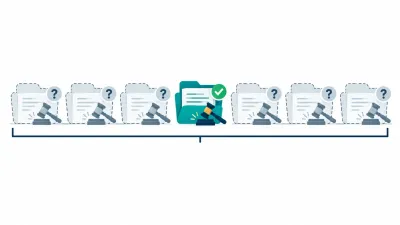 Simple row of case folders with gavels, where most are faded with question marks and only one is solid with a checkmark.