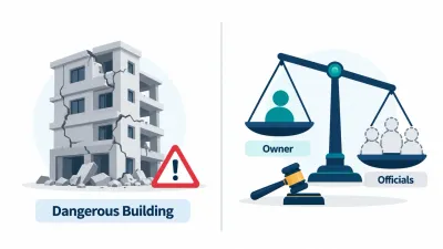 Simple split illustration of a cracked building beside a scale where a solid owner icon outweighs several faded official icons.