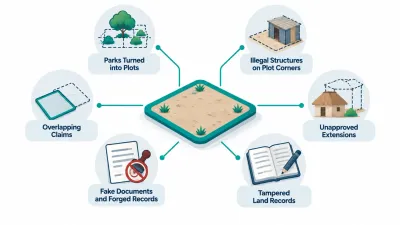 Simple illustration of a plot linked to six icons showing a cut-up park, a shack, an expanding village hut, a forged document, an altered ledger and overlapping plots.