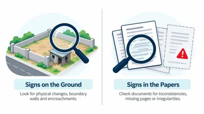 Simple split illustration of a walled plot with a shack under a magnifying glass beside a document stack with a suspicious page under another magnifying glass.