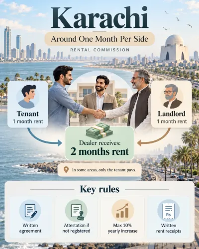 Karachi rental commission infographic showing one month’s rent from the tenant and one month’s rent from the landlord, along with key tenancy rules under Sindh rental law.