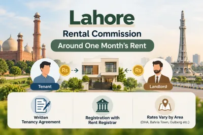 Lahore rental commission infographic showing around one month’s rent, tenant and landlord roles, written tenancy agreement, registration with the Rent Registrar, and area-based rate differences.