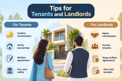 Tips for tenants and landlords infographic showing rental commission agreements, property ownership verification, tenant screening, written contracts, and safe rent payments.