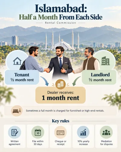 Islamabad rental commission infographic showing half-month rent paid by tenants and landlords, dealer fees, written agreements, and key tenancy rules.