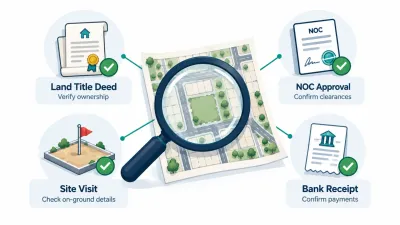 Simple illustration of a magnifying glass over a site plan, linked to checked icons for a land deed, an NOC certificate, a site visit and a bank receipt.