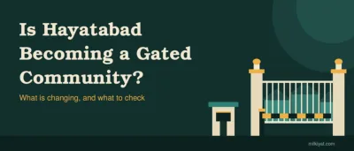 Editorial header banner with graphic illustration of a security gate asking "Is Hayatabad Becoming a Gated Community? What is changing, and what to check".