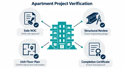 Simple illustration of an apartment building linked to checked icons for a sale NOC, structural design, a floor plan and a completion certificate.