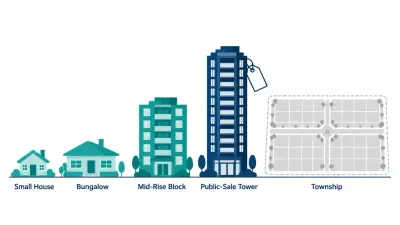 Simple row of five buildings of increasing size, from a small house to a tower and a township plot grid.