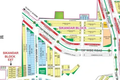 Master plan of Bahria Town Lahore showing the sector layout and block locations, including Sikandar and Alamgir Blocks in Sector F.