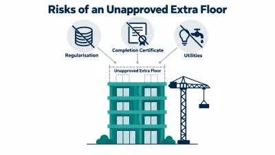 Simple illustration of a building with a dashed extra floor linked to crossed-out icons for a fee, a completion certificate and utilities.