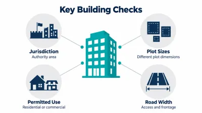 Simple illustration of a building linked to icons for jurisdiction, plot size, permitted use and road width.