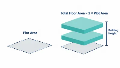 Simple illustration of a plot square beside the same plot with two floor slabs stacked above and a height line measured from the road.