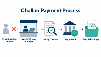 Simple four-step path from an SBCA counter to a checked challan, a bank payment and a paid receipt, with an agent shown crossed out beside it.