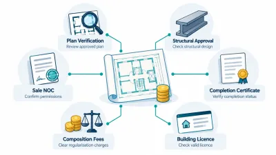 Simple illustration of a building plan linked to six icons for scrutiny, structural vetting, a sale NOC, a completion certificate, composition fees and a licence.