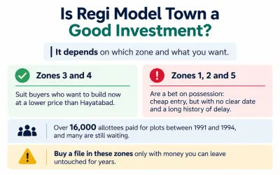 Real estate investment evaluation guide for Regi Model Town Peshawar, highlighting developed Zones 3 and 4 for immediate construction versus delayed possession in Zones 1, 2, and 5.