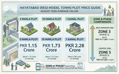 Real estate plot price guide infographic for Regi Model Town in Peshawar, featuring average values for 5 Marla, 10 Marla, and 1 Kanal plots alongside zone and phase comparisons.