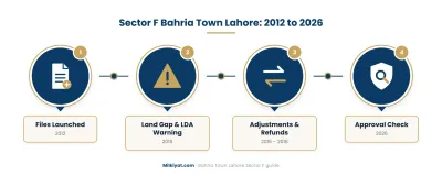 Sector F at a glance: files launched in 2012, a land shortfall and LDA warning in 2015, adjustments and refunds from 2016 to 2018, and an approval question still open in 2026.