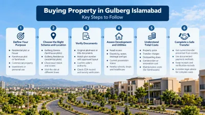 Infographic showing six steps to buying property in Gulberg Islamabad, from choosing Gulberg Greens or Residencia to verifying documents, checking utilities, calculating costs and completing the transfer.