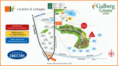 Gulberg Islamabad location and linkages map showing Gulberg Greens, Gulberg Residencia, GT Road, Japan Road and surrounding areas.