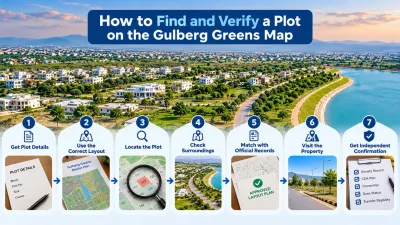 Seven-step infographic showing how to locate and verify a Gulberg Greens farmhouse plot using plot details, layout plans, surrounding roads, official records and site inspections.