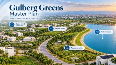 Illustrative Gulberg Greens Islamabad landscape highlighting master plan features such as Blocks A–E and Executive, internal roads, water features and planned amenities.
