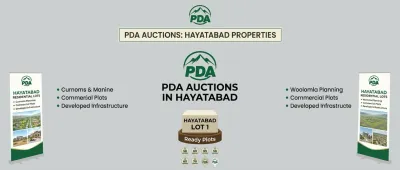 Promotional banner for PDA property auctions in Hayatabad Lot 1, featuring ready residential and commercial plots, developed infrastructure, and side roll-up display mockups.