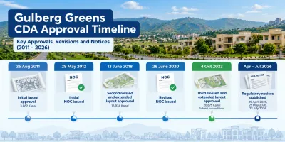 Timeline of Gulberg Greens CDA approvals from 2011 to 2026, showing initial layout approval, NOC issuance, revised layouts and regulatory notices.