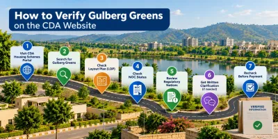 Seven-step infographic showing how to verify Gulberg Greens CDA approval, including checking the layout plan, NOC status, regulatory notices and obtaining official clarification.