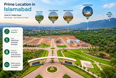 Park View City Islamabad aerial view showing its Zone IV location, nearby Bani Gala, Chak Shahzad, Bahria Enclave, Faisal Mosque, and Margalla Hills.
