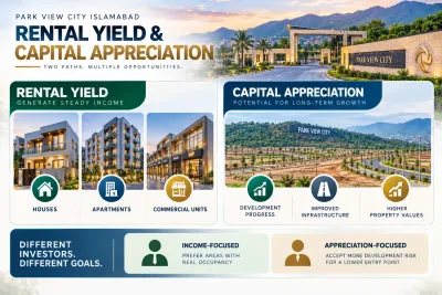 Park View City Islamabad infographic comparing rental yield from houses, apartments and commercial units with capital appreciation from developing property.