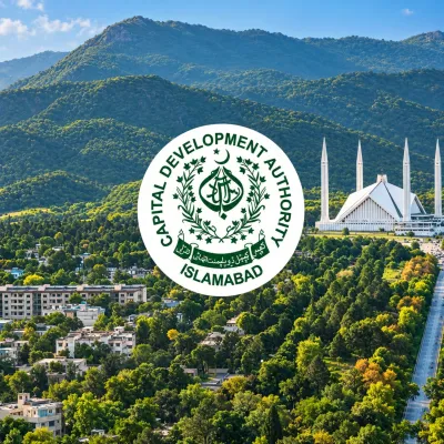 Capital Development Authority Islamabad logo displayed over a panoramic view of Faisal Mosque, Margalla Hills, and surrounding greenery.