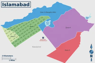 Map of Islamabad’s five planning zones (Zones 1–5), showing the urban sectors, Margalla Hills (Zone 3), Rawal Lake, Simly Dam, Zone 4 rural area, Zone 5 southern corridor, and surrounding Rawalpindi.