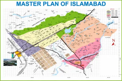 Map of the Islamabad Master Plan showing Zones 1, 2, 3, 4, and 5 under the ICT Zoning Regulation 1992 with major landmarks and planning boundaries.