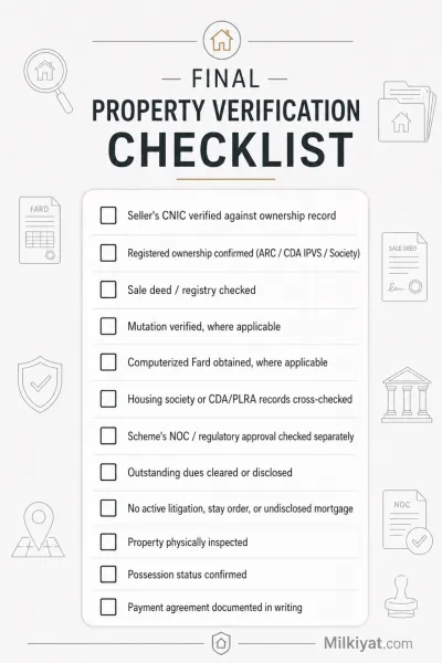 Property verification checklist infographic for Pakistan property buyers, covering key ownership, legal, and due diligence checks