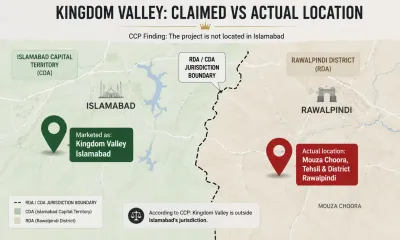 Map showing Kingdom Valley’s marketed Islamabad location versus its actual location in Mouza Choora, Rawalpindi
