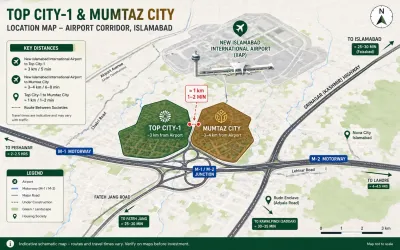 Map showing Top City-1 and Mumtaz City relative to New Islamabad International Airport and M-1/M-2 motorways, highlighting strategic location