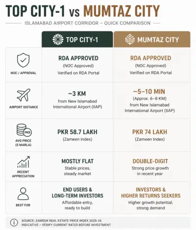 Infographic comparing Top City-1 and Mumtaz City on approval, airport distance, 5 Marla price and appreciation, for Islamabad real estate investors