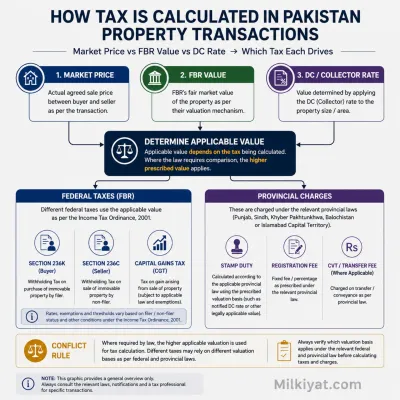 Infographic explaining how property taxes are calculated in Pakistan using market price, FBR valuation and DC (Collector) rate, showing how Sections 236K, 236C, Capital Gains Tax (CGT), stamp duty, registration fee and provincial charges are determined for real estate transactions.