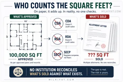 Infographic comparing approved commercial floor area with allotment letters sold, showing that no institution reconciles approved space against total sales in Pakistan.