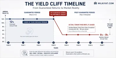 Yield timeline infographic showing guaranteed rental returns dropping to actual market yield after the guarantee period ends.