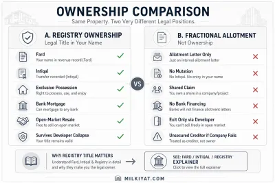 Infographic comparing registry ownership and fractional allotment in Pakistan, highlighting differences in legal ownership, mutation, financing, resale rights, and investor protection. Branded by Milkiyat.com.