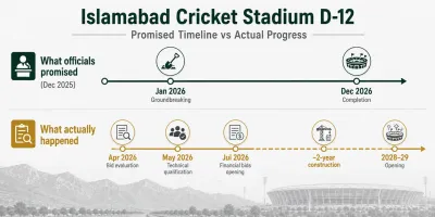 Timeline comparing the promised and actual progress of the Islamabad Cricket Stadium D-12 project as of July 2026.