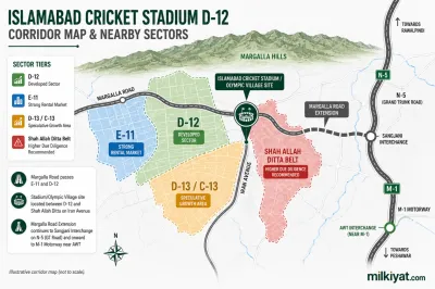 Map showing the Islamabad Cricket Stadium D-12 site, nearby sectors, and the Margalla Road corridor to the M-1 Motorway