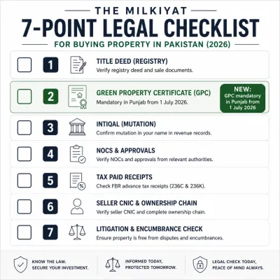 Seven-point legal checklist for buying property in Pakistan, highlighting the new Green Property Certificate requirement for Punjab.