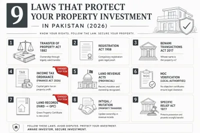 Infographic summarizing nine key real estate laws every property investor in Pakistan should know in 2026.