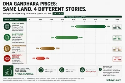 Price comparison chart showing DHA Gandhara one-kanal price ranges by instrument type, illustrating how transferable, allotted, memorandum, and booking files can vary significantly in value and risk.