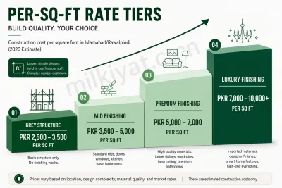Construction cost per square foot tiers in Islamabad and Rawalpindi, from grey structure to luxury finishing (2026).