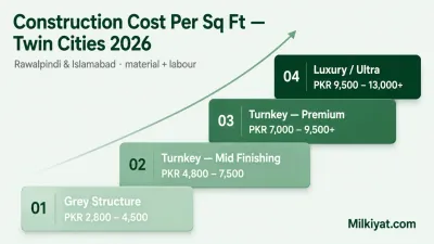 Stair-step infographic showing 2026 construction cost per sq ft tiers from grey structure to luxury homes in Rawalpindi and Islamabad.
