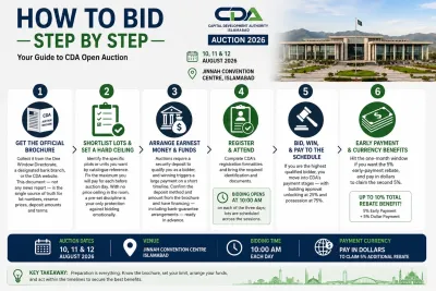 A simple step-by-step guide to bidding in the CDA Auction. Learn how to get the official brochure, shortlist plots, arrange the required funds, register, bid successfully, and complete payments to qualify for possession and available rebates.