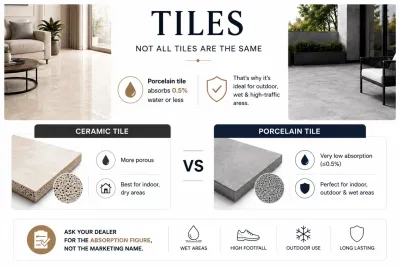 Infographic comparing ceramic and porcelain tiles, highlighting water absorption, durability, and ideal applications.